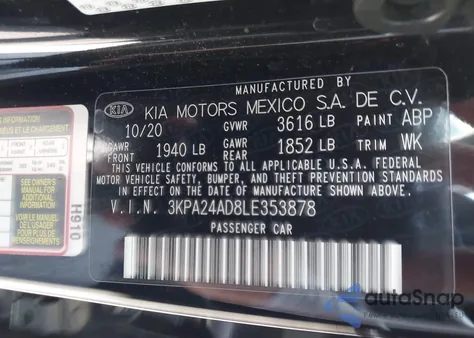 2020 Kia Rio S z USA, uszkodzony, nr VIN 3KPA24AD8LE353878